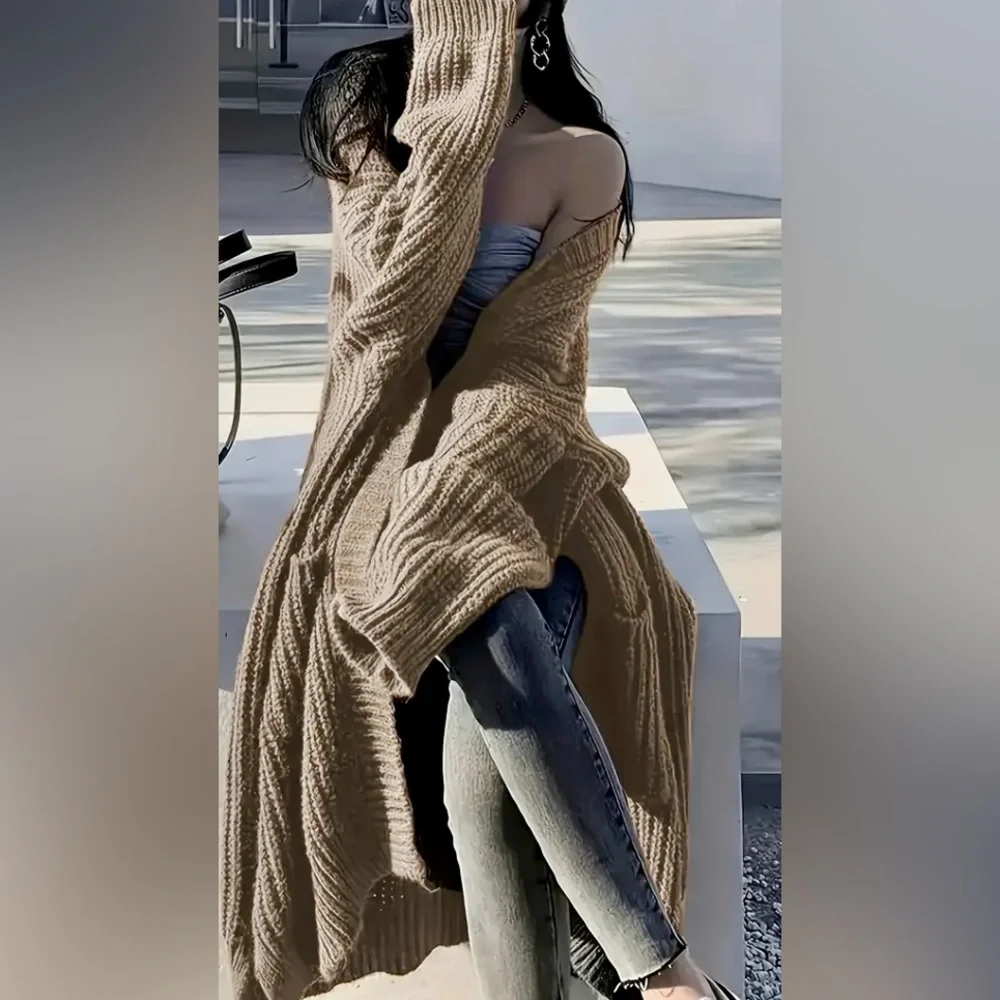 CABLE KNIT OPEN FRONT CARDIGAN WITH POCKETS KHAKI NEW - Picture 2 of 2